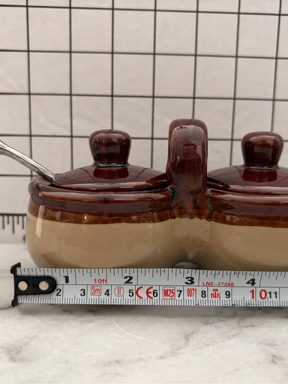 Vintage Brown & Beige Ceramic Double Condiment Jar Set w/ Lids & Spoons